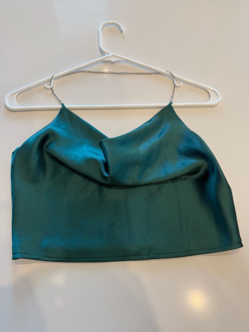 SHEIN Teal Satin Cowl Neck Crop Camisole with Chain Straps